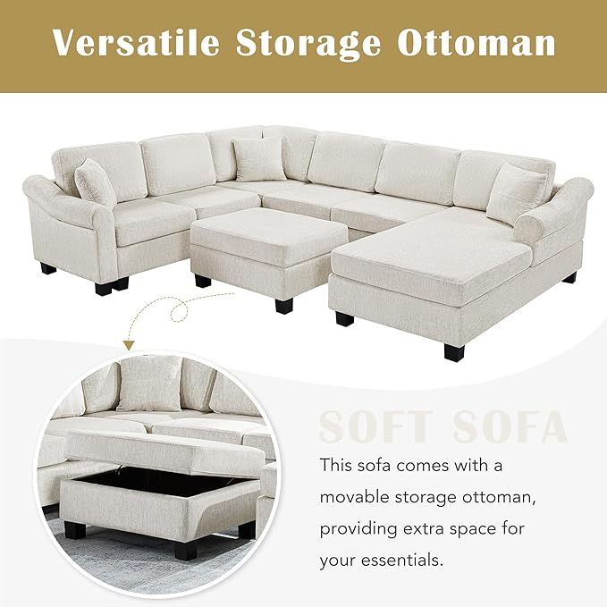 P PURLOVE Sectional Sofa Velvet Large Sectional Sofa with Right Side Chaise Wide Chaise Lounge Couch with Ottoman for Living Room (White)