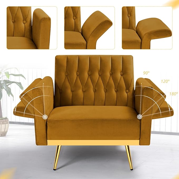 Velvet Accent Chair with Adjustable Armrests and Backrest Button Tufted Lounge Chair Single Recliner Armchair with Ottoman and Pillow for Living Room Bedroom Ginger