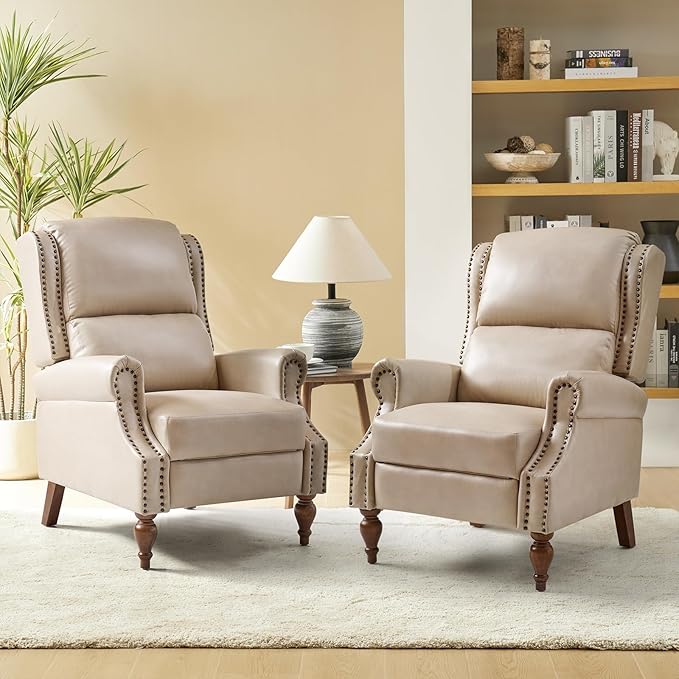 Pushback Recliner Chair Mid Century Modern Upholstered Faux Leather Recliner Single Sofa Accent Chair with Wood Legs and Rivet Decoration for Living Room Bedroom Beige