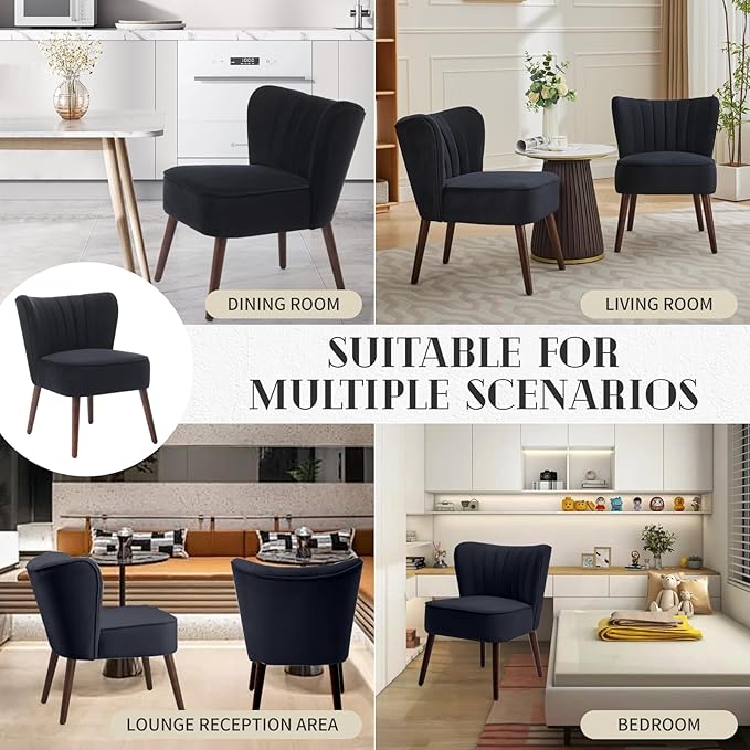 Modern Velvet Accent Chair Set of 2 Soft Upholstered Living Room Chair with Wooden Legs Comfy Armless Lounge Chair for Living Room/Makeup/Office/Bedroom Black
