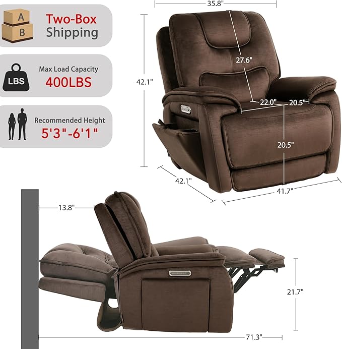 EONIX Triple Motor Lay Flat Zero Gravity Power Recliner Chair with Heat and Massage Independent Adjustable Backrest Footrest Headrest 400lbs Heavy Duty Medium Size Stylish Chenille Dark Brown