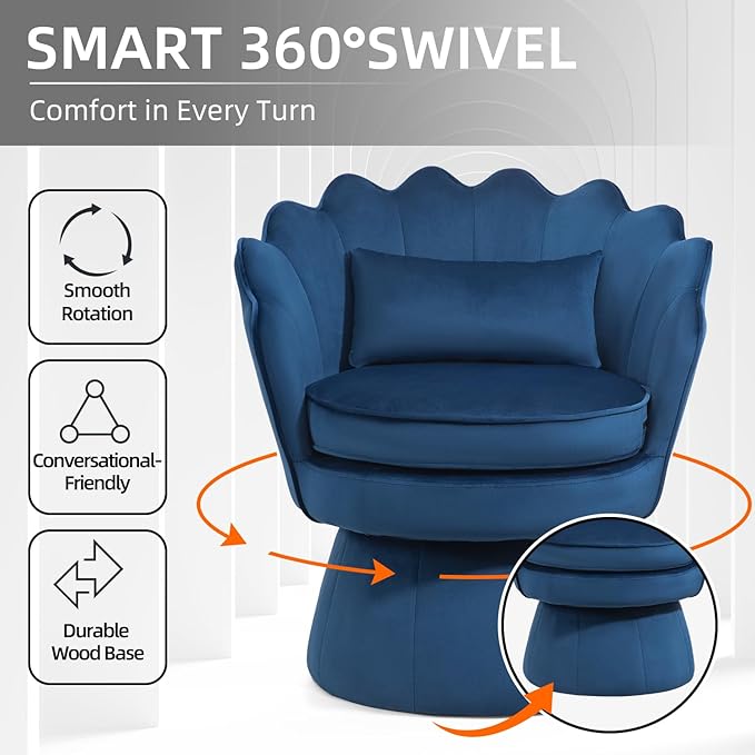 Swivel Barrel Chairs Set of 2 Small Accent Armchair Navy Blue Velvet Upholstered Mid-Century Modern Style for Living Room/Bedroom/Waiting Room for Relaxing &amp Reading Pillow Included