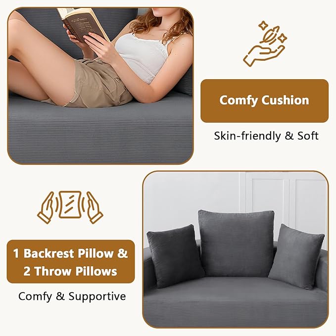 67'' Circular Convertible Compressed Sofa Bed Grey Corduroy Floor Lounge Round Boneless Couch Loveseat Sleeper Sofa Couch with 3 Cushions No Assembly for Apartment Bedroom