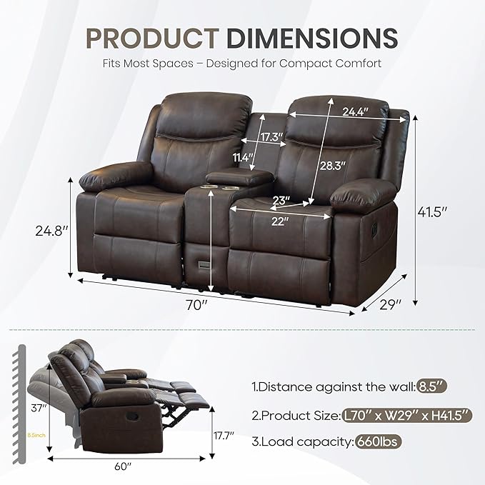 Manual Reclining Loveseat with Massage and Heat Double Recliner Sofa with Center Console Cup Holders &amp Storage for Living Room RV (Brown)