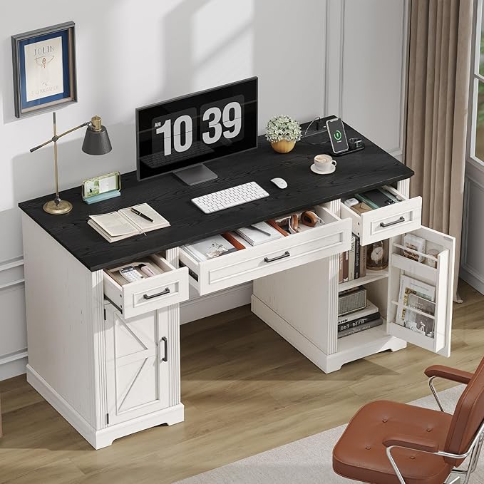 ONBRILL 55 inch Farmhouse Executive Desk with Drawers Home Office Desk with File Cabinet Outlets Storage Cabinet Keyboard Tray Wood Computer Desk for Work Study Writing Off White &amp Black