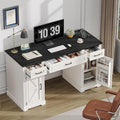 ONBRILL 55 inch Farmhouse Executive Desk with Drawers Home Office Desk with File Cabinet Outlets Storage Cabinet Keyboard Tray Wood Computer Desk for Work Study Writing Off White &amp Black