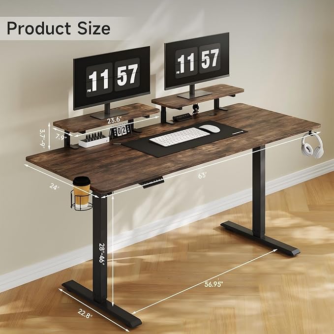 63 x 24 Inches Electric Standing Desk with 2 Monitor Shelves Adjustable Computer Desk from 28-46'' Sit to Stand UpHome Office Desk with Memory Controlller for Workstations Rustic Brown