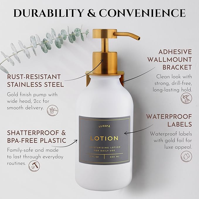 Shower Shampoo Dispenser Wall Mounted – 3 Refillable 16.9 oz White Bottles with Stainless Steel Pumps &amp No-Drill Adhesive Holders – Soap Dispenser Set for Bathroom (3 X White/Gold)