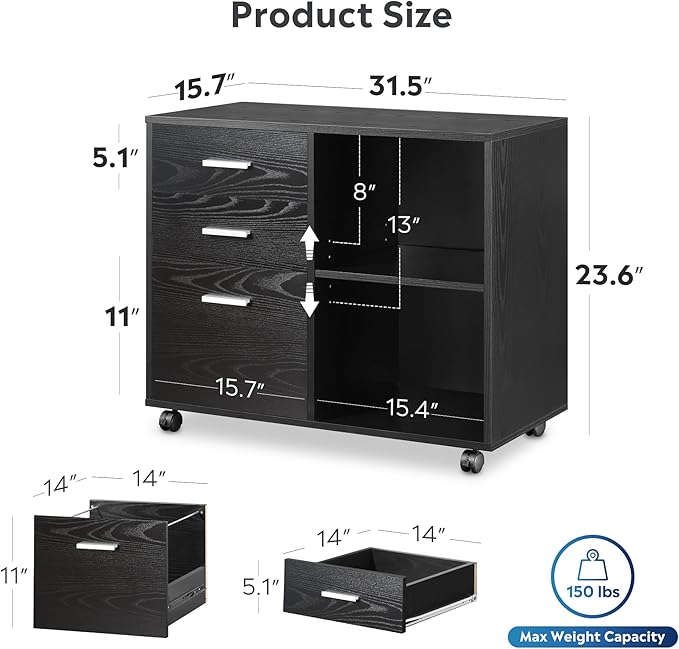 3 Drawer Wood File Cabinet Mobile Lateral Filing Cabinet Printer Stand with Open Storage Shelves for Home Office Black