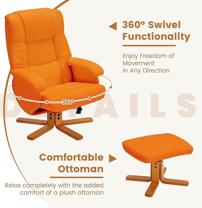 Swivel Recliner with Ottoman Reclining Chair and Footrest PU Leather Upholstered Chair Ottoman Set with Wrapped Base for Living Room Bedroom and Home Office Orange