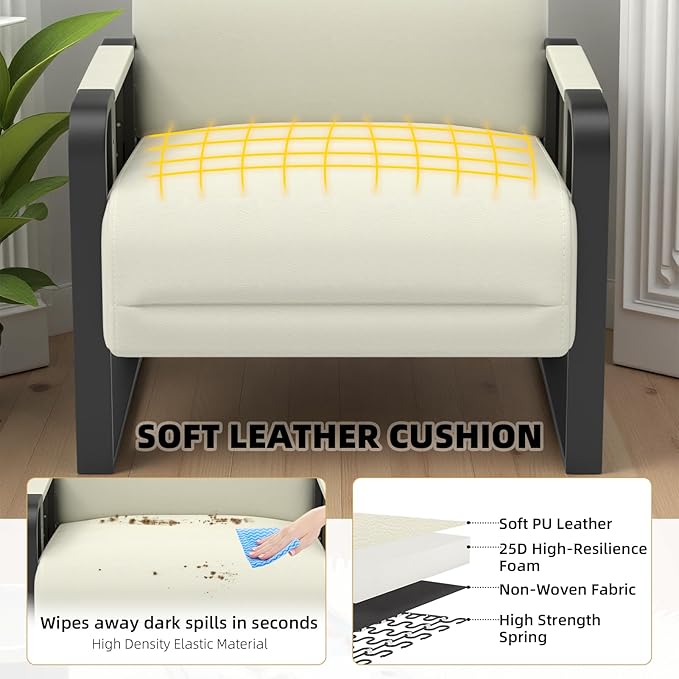 Faux Leather Accent Chair with Flip Up Tray Table Soft Backrest Side Pocket for Living Room Office Bedroom Leather Accent Chair Beige