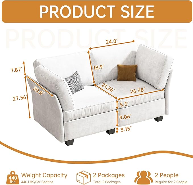 Modern Sofa Modular sectional Cloud Couch with 2 Ottomans 6-seat Chenille deep-seat with Storage and 6 Pillows for Living Rooms bedrooms and Apartments (Beige 2Seater)
