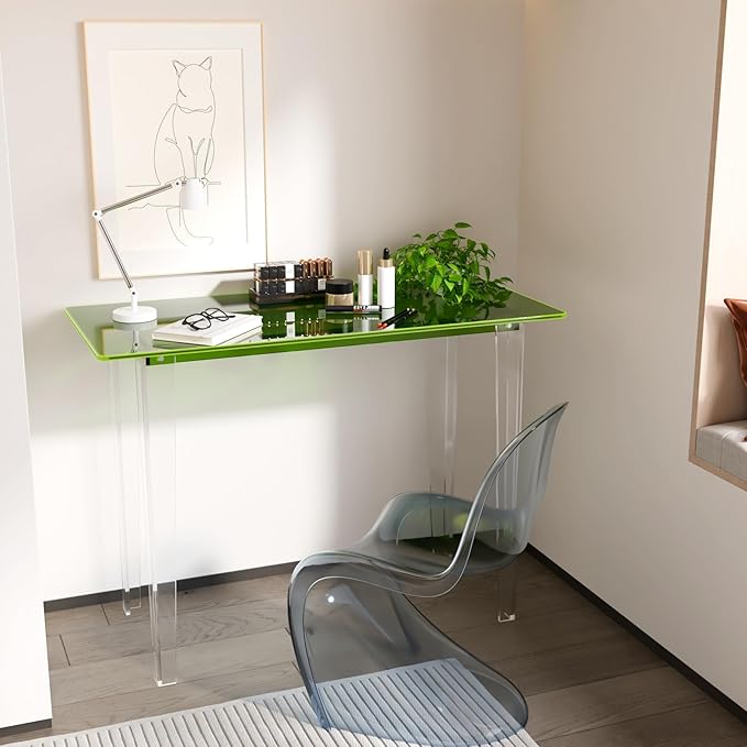 Modern Acrylic Desk for Home Office - Multi-Purpose Study Table with Extended Surface Sturdy Lightweight Design Transparent Green Console &amp Entryway Table (42.5 Inch)