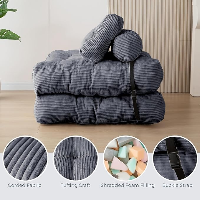 Folding Sofa Bed - Convertible Sleeper Chair with Pillow &amp Back Support Comfy Foldable Mattress Portable Futon Fold Out Chair Bed for Living Room/Bedroom/Apartment (Grey)
