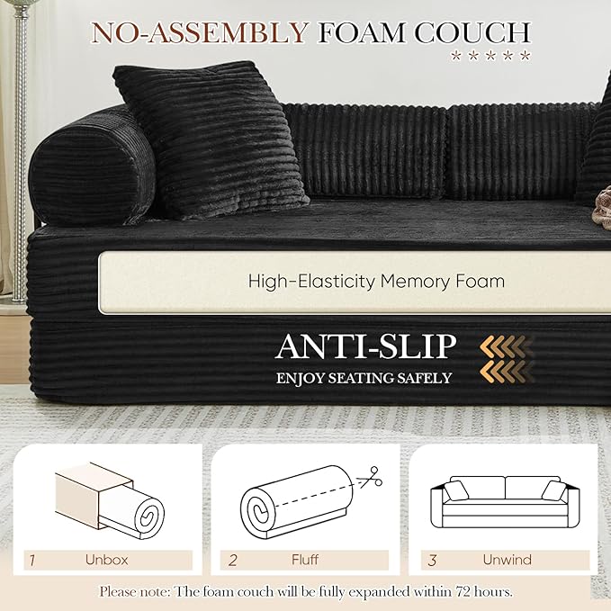 Modular Couch Bed Convertible Folding Plush Corduroy Comfy Floor Memory Foam Compression Loveseat Sleeper Sofa Couch King Size Bed for Guest Room Living Room Bedroom No Assembly Required Black