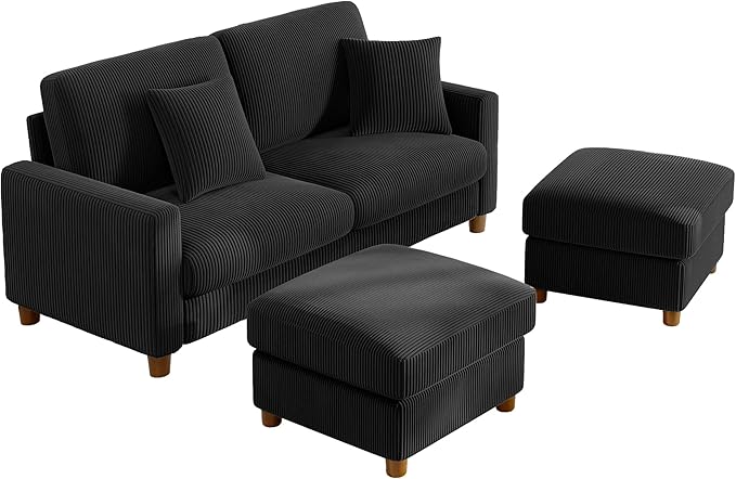 Kidirect 70in U Shaped Couch Modular Sofa No Tool Assembly Comfy Sectional Couches for Living Room 21in Deeper Seats Corduroy Sofas for Living Room with 2 Pillows Loveseat Sofa Set Black Couch |