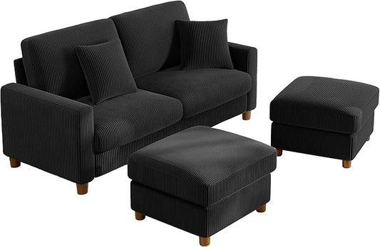 Kidirect 70in U Shaped Couch Modular Sofa No Tool Assembly Comfy Sectional Couches for Living Room 21in Deeper Seats Corduroy Sofas for Living Room with 2 Pillows Loveseat Sofa Set Black Couch |