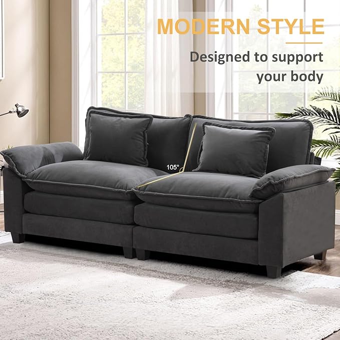 Modular Sectional Sofa 86 L Shaped Couch Set with Movable Ottoman Flannel Comfy Cloud Couch Sectional Set Extra Deep Seat Sofa with 2 Pillows for Living Room (Dark Grey 2-Seat &amp 1-Ottoman)