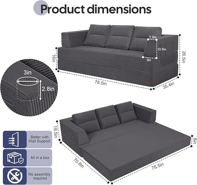 COMAX Futon Sofa Bed Queen 79 Convertible Sofa Bed Couches for Living Room 4 in 1 Folding Boneless Sleeper Corduroy Couch Loveseat Foam in a Box Comfy Foldable Lounge Fold Out Floor Mattress Grey