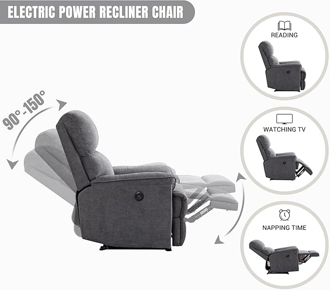EBELLO Power Recliner Chair Electric Recliner Breathable Fabric Single Overstuffed Recliner Sofa Chair with USB Charge Port for Elderly Living Room Bedroom Gray Power Gray