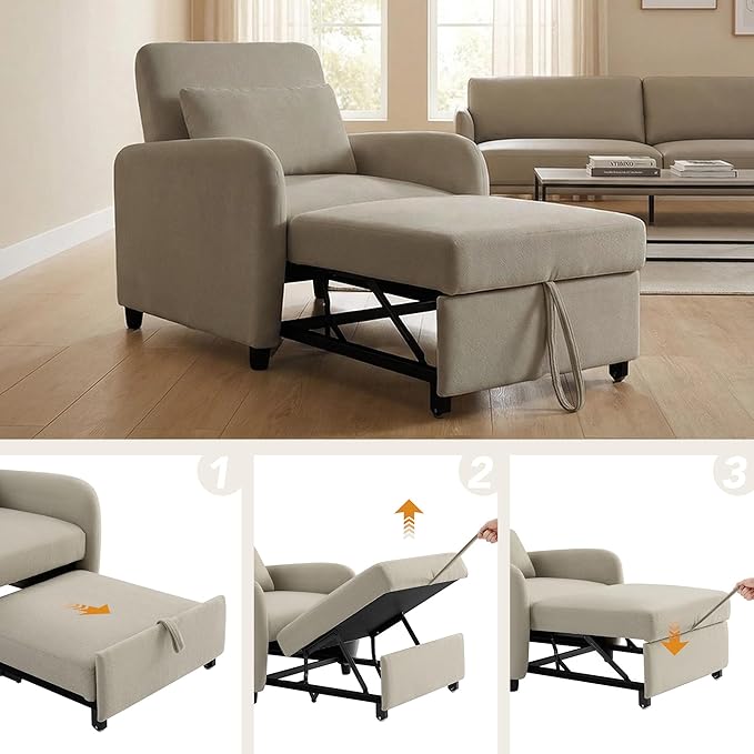 CHITA Sleeper Chair 3-in-1 Pull Out Convertible Single Sofa Bed with Adjustable Backrest Chenille Chaise Lounge Chair for Living Room Bedroom &amp Apartment Stone