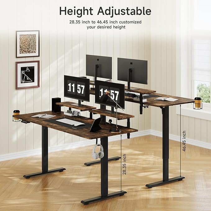 63 x 24 Inches Electric Standing Desk with 2 Monitor Shelves Adjustable Computer Desk from 28-46'' Sit to Stand UpHome Office Desk with Memory Controlller for Workstations Rustic Brown