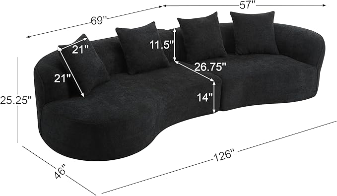 Christopher Knight Home Braebt 126 Sectional Sofa with 4 Throw Pillows 5-Seater Large Modular Sofa Couches Comfy Curved Upholstered Cloud Couch for Living Room Study No Assembly Required Black