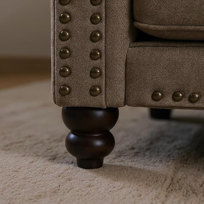 Nailhead Armchair Rolled Arms Accent Chair for Living Room Single Sofa Chair with Springs Seat Cushion &amp Wooden Legs Mid-Century Armchair for Apartment Office Farmhouse Light Brown