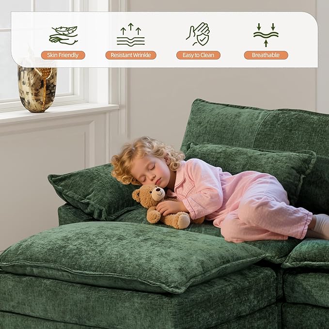 108 Modular Sectional Sofa Comfy Cloud Couch with Ottoman &amp USB Port for Living Room L Shaped Modern Chenille Couches with Throw Pillows for Bedroom Apartment Green