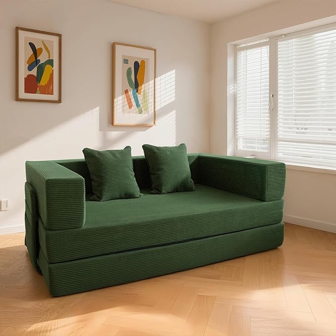 5‑in‑1 Futon Sofa Bed Queen– Floor Foldable Convertible Sofa Couch with L‑Shaped Armrests Removable Cover Green Convertible Guest Bed | Space‑Saving Fold‑Out Mattress Lounge for Living Room/Bedroom