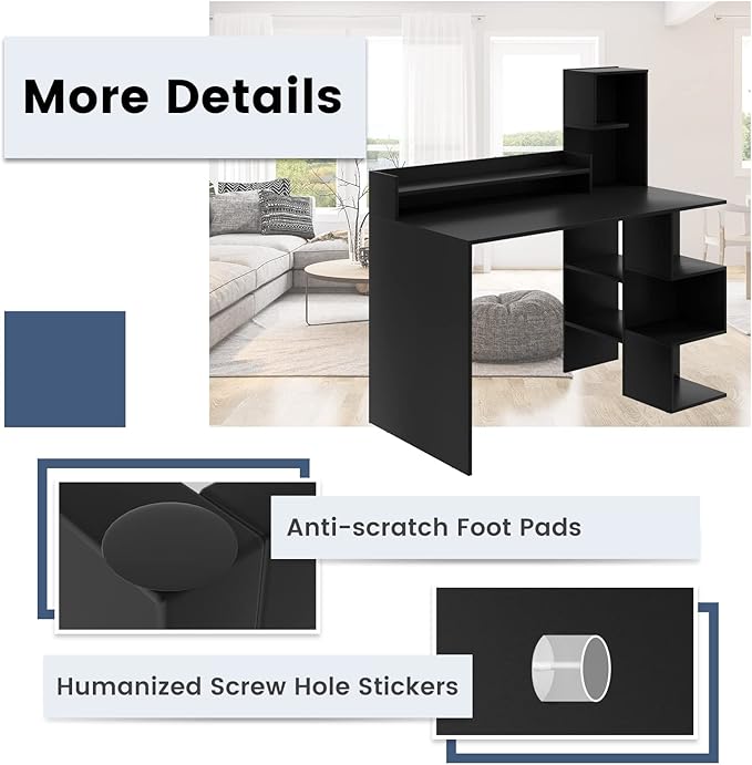 Tangkula Computer Desk with Storage Bookshelf &amp Hutch 48” Modern Home Office Desk with 8 Storage Shelves Space Saving Writing Study Desk for Bedroom Compact Computer Workstation for Home (Black