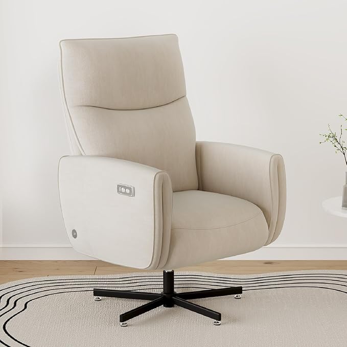 Power Swivel Recliner Chair Modern Electric with USB &amp Type-C Ports Upholstered Velvet Swivel Recliner Chair 360° Swivel for Office &amp Living Room Easy Assembly (Beige)