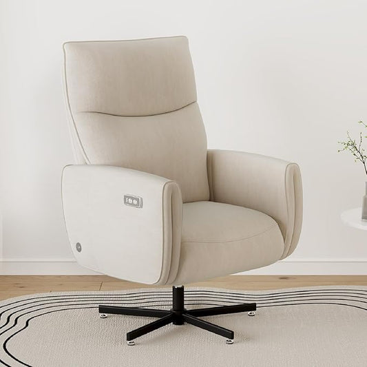 Power Swivel Recliner Chair Modern Electric with USB &amp Type-C Ports Upholstered Velvet Swivel Recliner Chair 360° Swivel for Office &amp Living Room Easy Assembly (Beige)