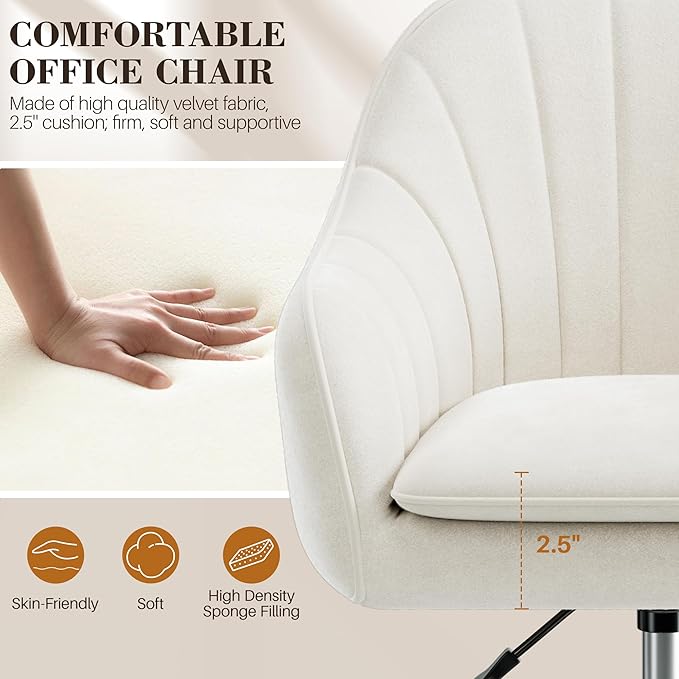 Vanity Chair with Wheels Comfy Home Office Desk Chairs Adjustable Modern Velvet Makeup Vanity Chairs for Bedroom Living Room-Beige
