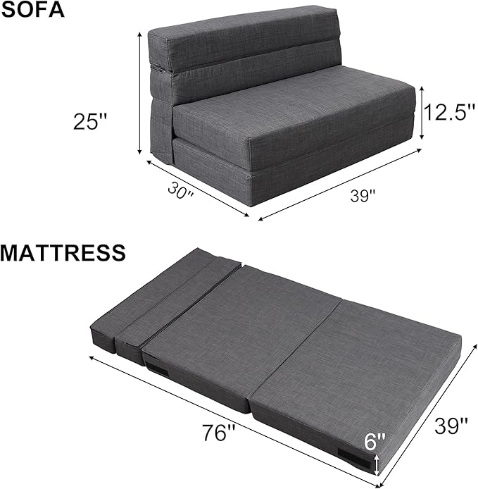 ANONER Fold Sofa Bed Couch Memory Foam with Pillow Futon Sleeper Chair Guest Bed and Fold Out Couch Washable Cover Twin Size Dark Gray