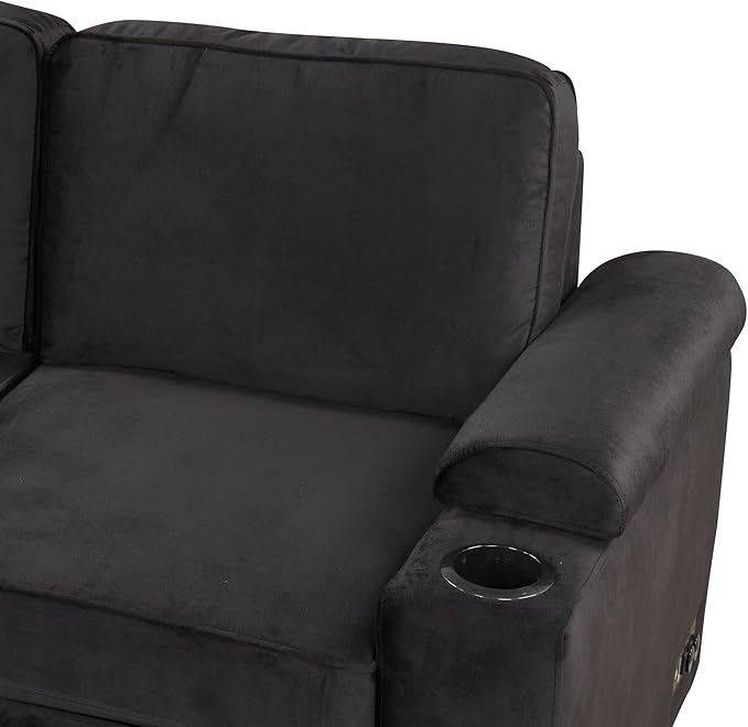 Linen L-shape Reversible Sleeper Sectional Sofa Couch with Storage Ottoman 2 in 1 Pull Out Convertible Sofa Bed with Cup Holders and USB Charging Port for Living Room Apartment Office (Black-LI)