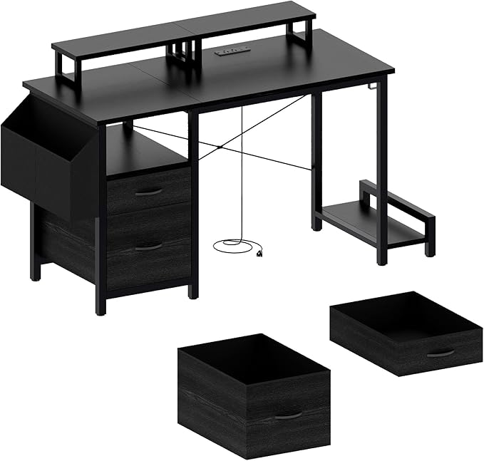 Home Office Desk with Side Pocket and Drawers Modern Computer Desk for Small Space Bedroom 47 Inch Gaming Desk with Power Outlet &amp 2 Movable Monitor Shelves (Black)