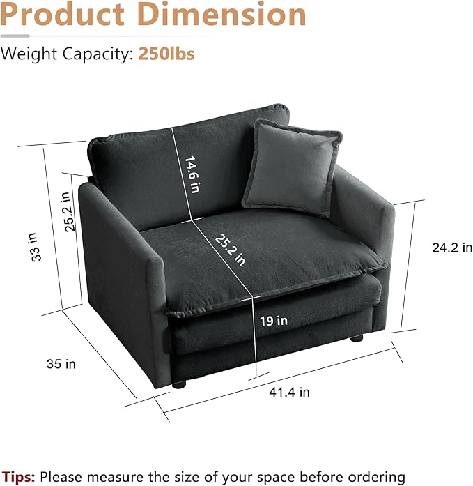 mikibama 41.4 W Single Seat Sofa Chenille Comfy Deep Upholstered Couch Armchair with Toss Pillow for Living Room Bedroom Office Apartment Grey