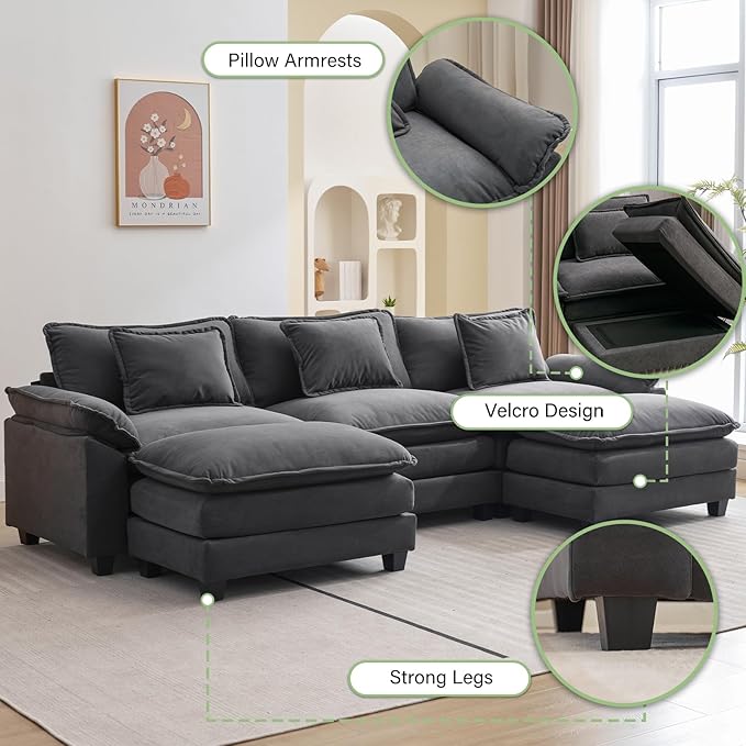 Sectional Sofa Comfy Cloud Couch for Living Room with Pillows Modern Velvet Sofa Sleeper Deep Couches with Two Ottoman (Grey 5-Seat)
