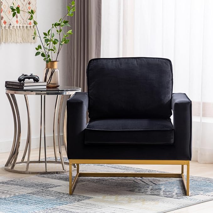 HEAH-YO Modern Accent Chair Set of 1 Upholstered Velvet Living Room Chair with Armrests Comfy Small Side Arm Chair with Gold Metal Legs for Bedroom Black