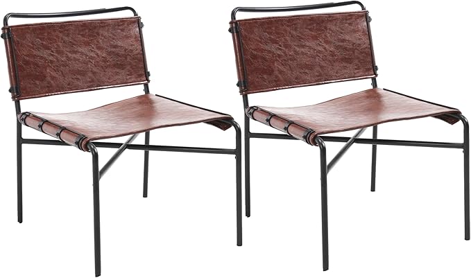 Accent Chairs Set of 2 - Mid-Century Modern Style Armless Lounge Chairs Sturdy Metal Frame Breathable and Comfortable Sling Chair for Living Room Bedroom and Small Spaces (Reddish Brown)
