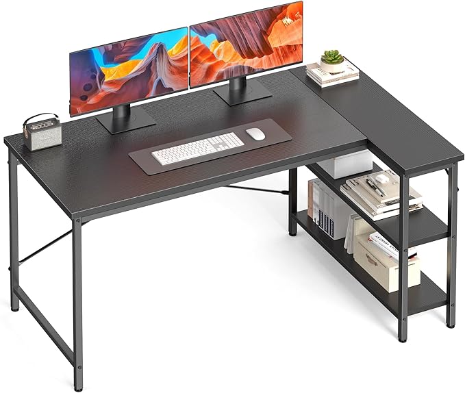 DUMOS L Shaped Desk 39 Inch Computer Desk Gaming Furniture Corner Desks Home Office PC Table with Reversible Storage Shelves for Writing Working Study Bedroom Dorm Modern Black