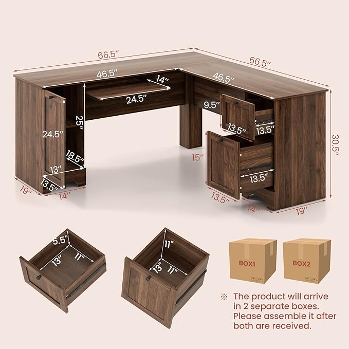 Tangkula L-Shaped Office Desk with Storage Drawers &amp Keyboard Tray Home Office Corner Computer Desk with Cabinet &amp Inner Adjustable Shelf Space-Saving Study Writing Desk Computer Workstatio