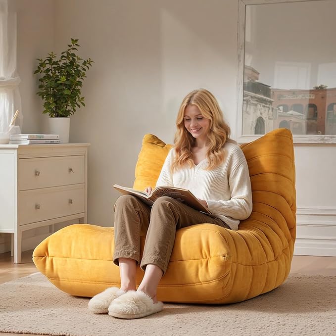 High-end Togo Bean Bag Chair Fireside Chair with Yellow Suede Fabric Cover Comfy &amp Soft Lazy Floor Lounge Sofa for Bedroom Living Room Office or Salon