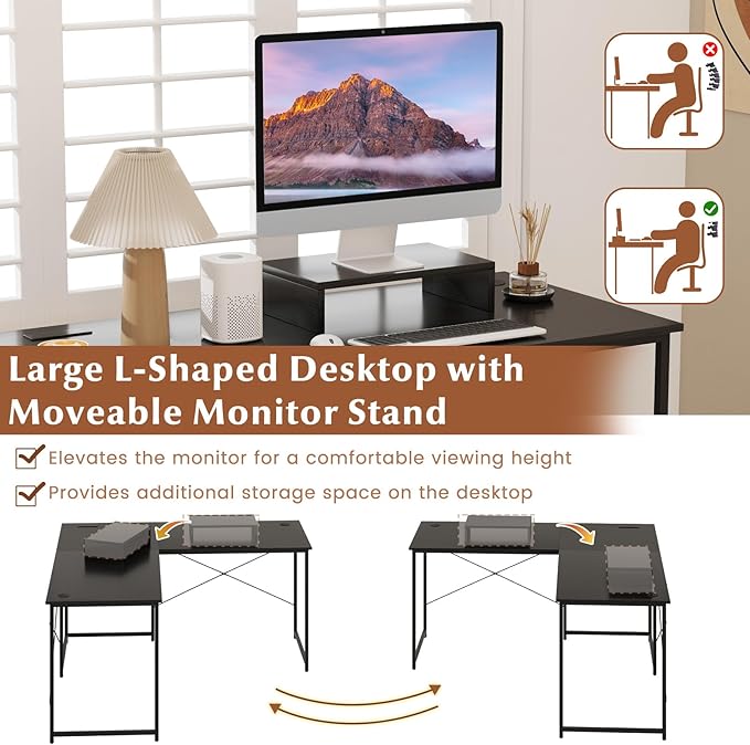 Giantex L Shaped Computer Desk 59 Inch Reversible Corner Desk with Power Outlet and USB Ports &amp Monitor Stand Wooden Writing Desk Gaming Table for Home Office Room Small Space (Black)