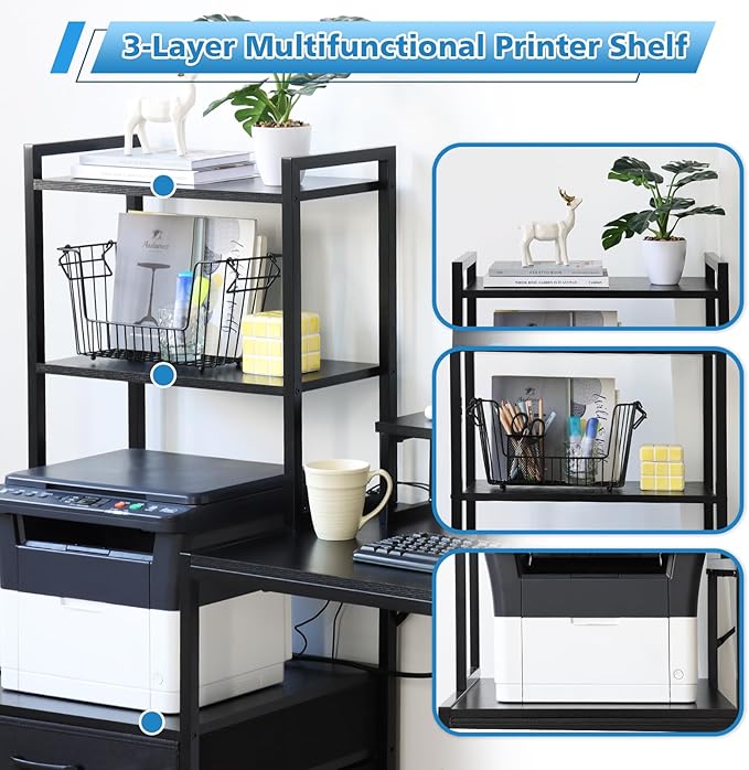 KATHY&ampBOB Small Home Office Study Desk - Freestanding Ladder Design with Fabric Drawers &amp Side Bag - Modern Vanity Makeup Desk - 2 Tier Shelf &amp Computer Gaming Station (Black Large)