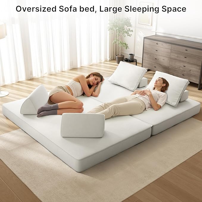 87 Folding Sofa Bed King Size Convertible Sleeper Sofa with Movable Backrest Foldable Futon Floor Couch Bed Chenille Boneless Couches for Living Room(White)
