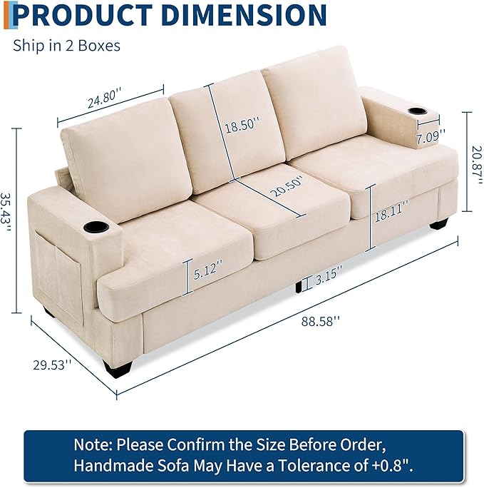 GarveeHome Modern 89 in 3-Seater Sofa for Living Room Comfy Couches with Deep Seat Chenille Couch with Cup Holders and Side Storage Pockets for Apartment Lounge Beige