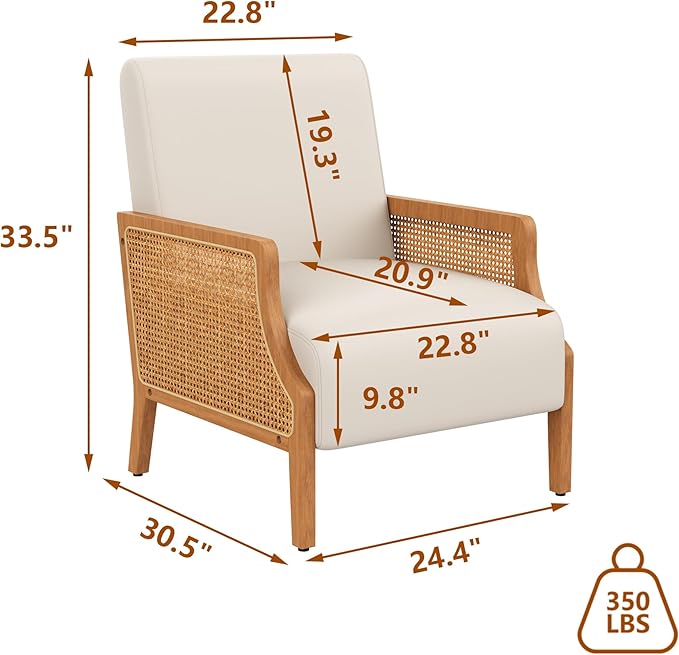WENTMENT Modern Accent Chair Armchair with Natural Rattan Armrest Upholstered Living Room Chair Comfy Single Sofa Chair for Hosting Room/BedroomBeige