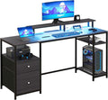 61 Computer Desk with LED Lights Power Outlets and USB Ports Gaming Desk with Storage Shelves Monitor Stand Fabric Drawers Remote for Home Office Study Distressed Black